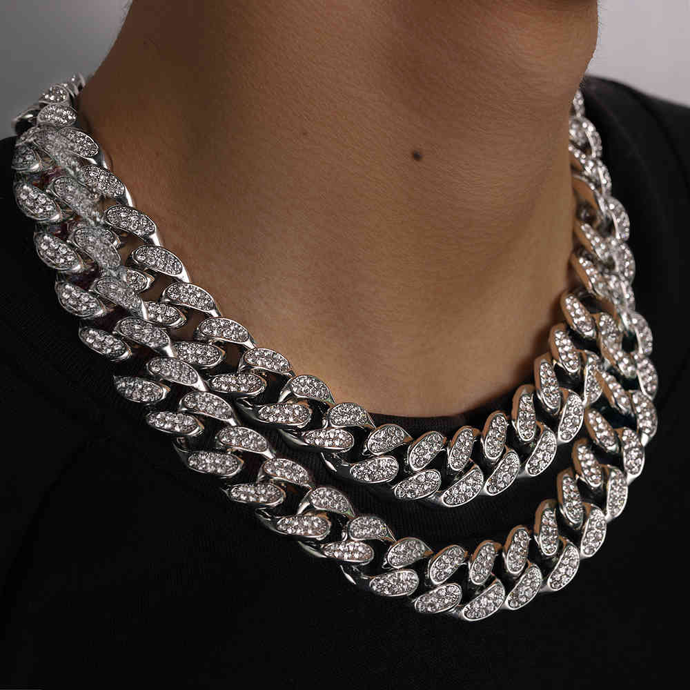 

Hip Hop Jewelry 18MM Silver Color Heavy Full Iced Out Paved Rhinestones Prong Cuban Chain CZ Bling Punk Necklaces for Men Women X0509