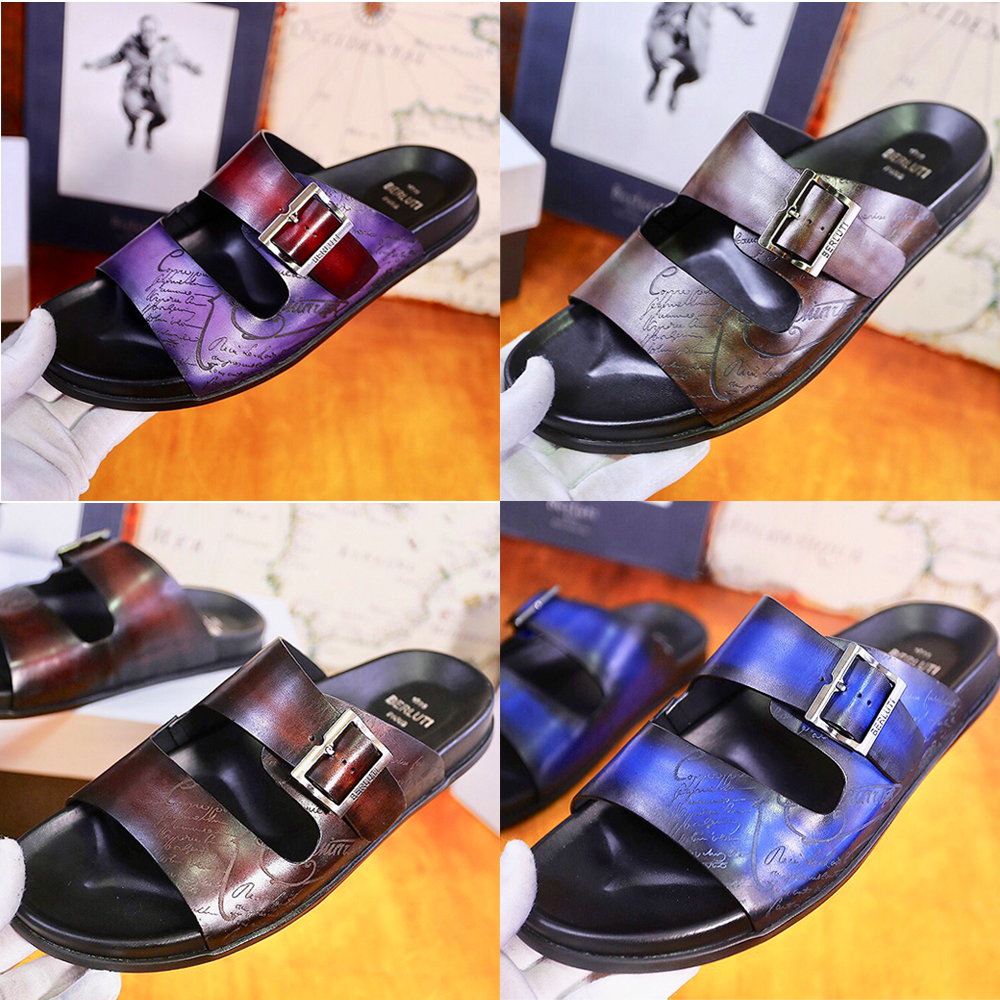 

2021 Egio Scritto Leather Sandal Designer Men Slippers with Correct Flower Box Dust Bag Shoes Summer Wide Flat Sandals Slipper, Blue