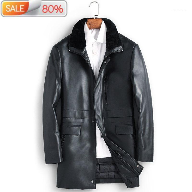 

Men's Leather & Faux Duck Down Genuine Winter Jacket Men Sheepskin Long Wool Collar Coat ML-FES17037 ND1213, Black