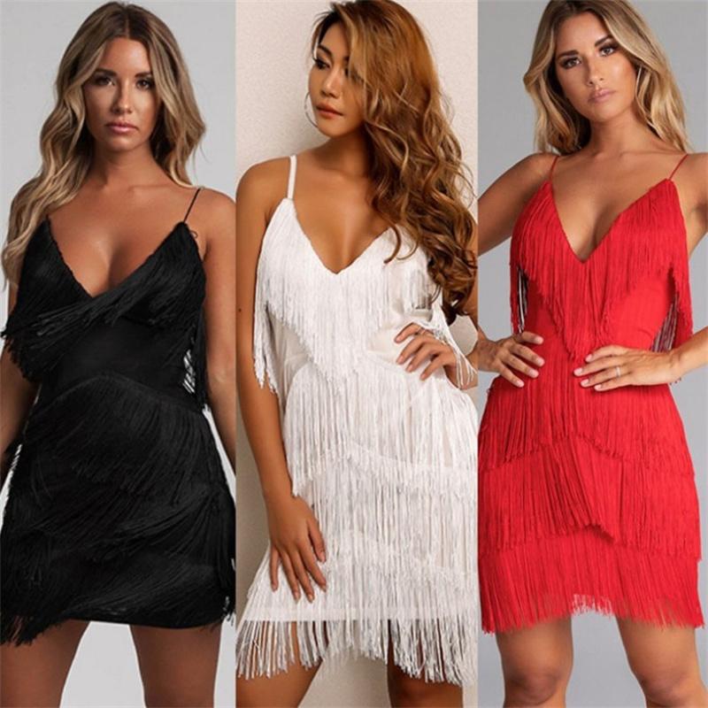 

Casual Dresses Sexy Solid Color Fringed V-neck Slim Club Dress For Women WD037, C2
