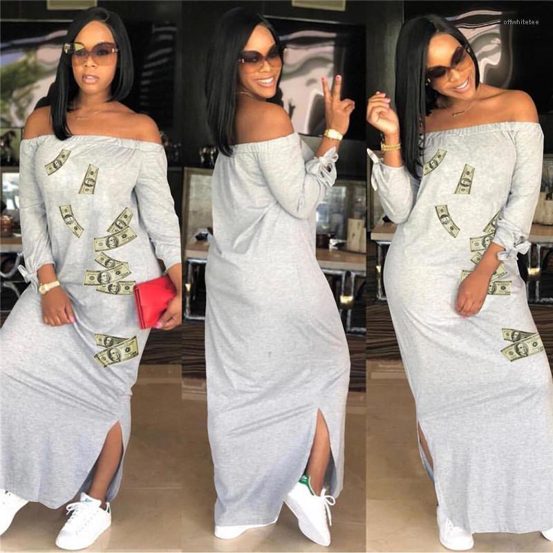 

Neck Split Summer Womens Dresses Fashion Bowknot Sleeve Long Casual Dresses Dollar Print Slash, Black;gray
