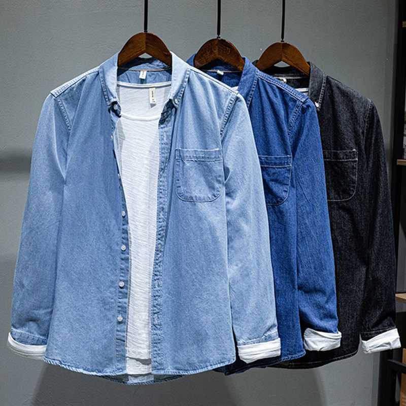 

XXXXL 100% Cotton Men' Denim Long Sleeve Shirt Four Seasons Business Fashion Retro Casual Jacket Male Brand Clothes 210721, Black
