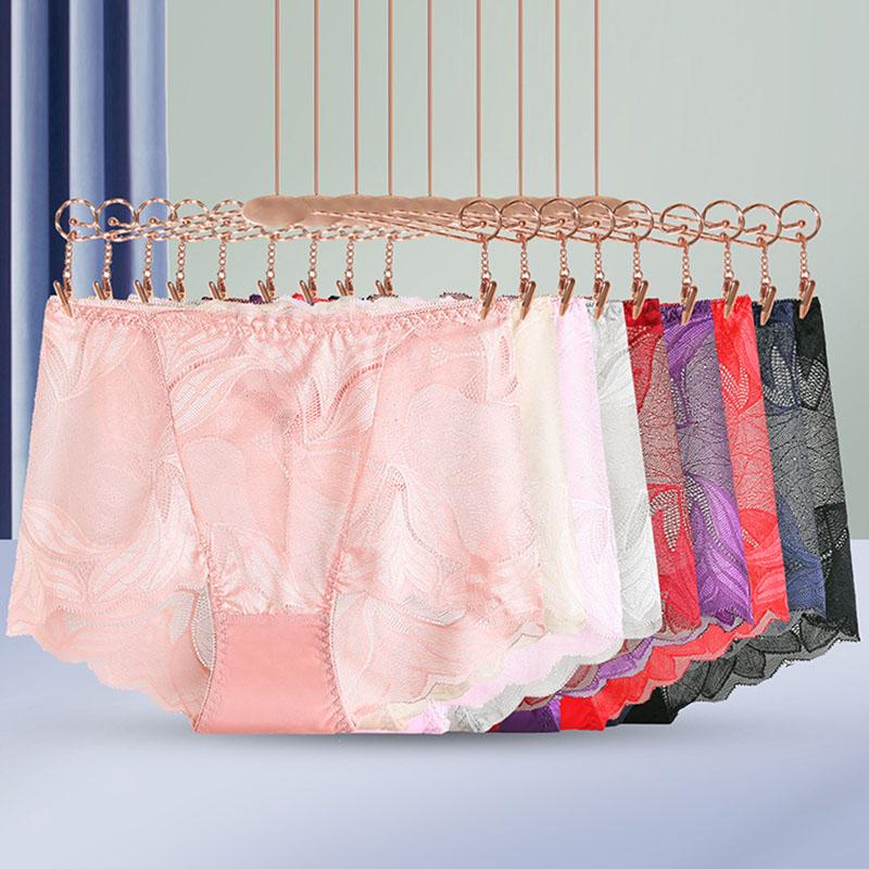 

Women's Panties Fashion Lingerie Women Soft Underwear Pure Color Sexy Breathable Mid-Waist Translucent Lace 1Pcs Elastic Briefs, Black