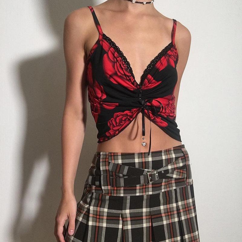 

Women's Tanks & Camis Hirigin Women Camisole Top Sexy Sleeveless Rose Print Drawstring V-Neck Slim Summer Tops Skin-Friendly And Comfortable, White