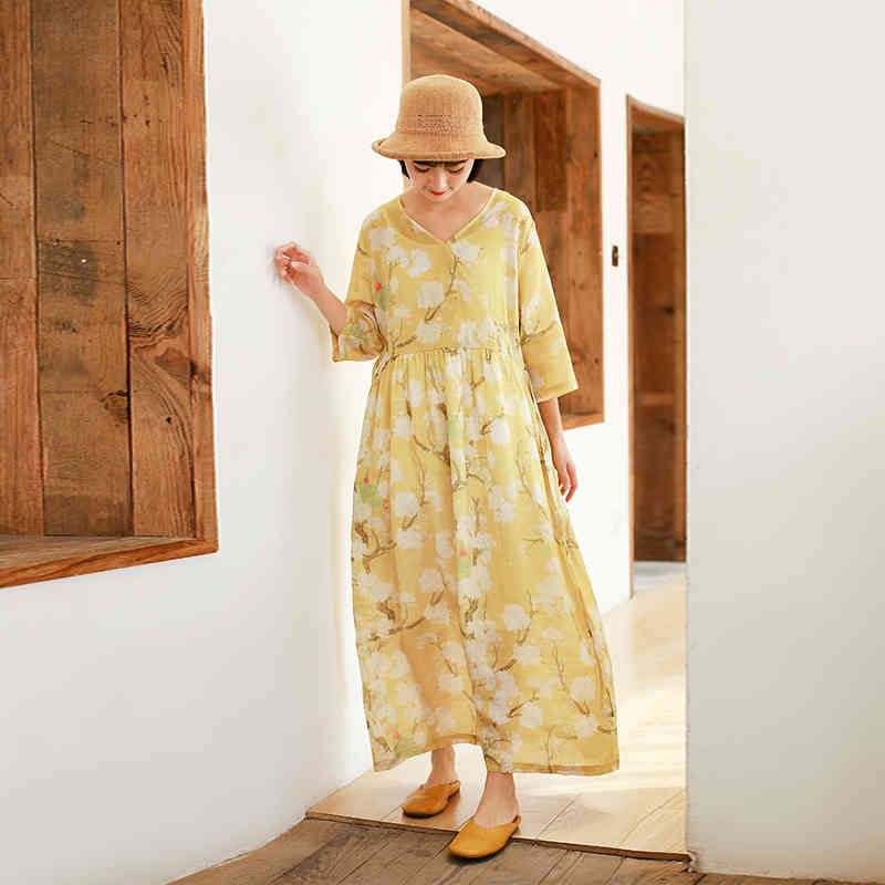 

Johnature Print Women Dress Spring Summer Vintage Women Clothes V-neck Loose Leisure Concise Linen Ladies Dresses 210521, Yellow
