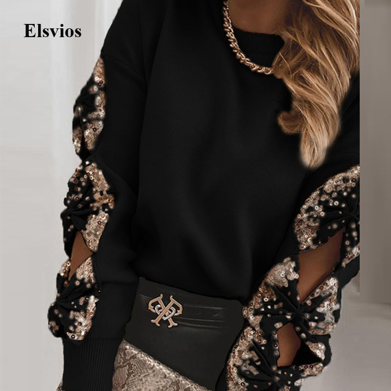 

Sexy Hollow Out Bowknot Sequined Tops Shirt Women Casual O Neck Patchwork Loose Blouse Spring Autumn Long Sleeve Pullover Blusa, Khaki
