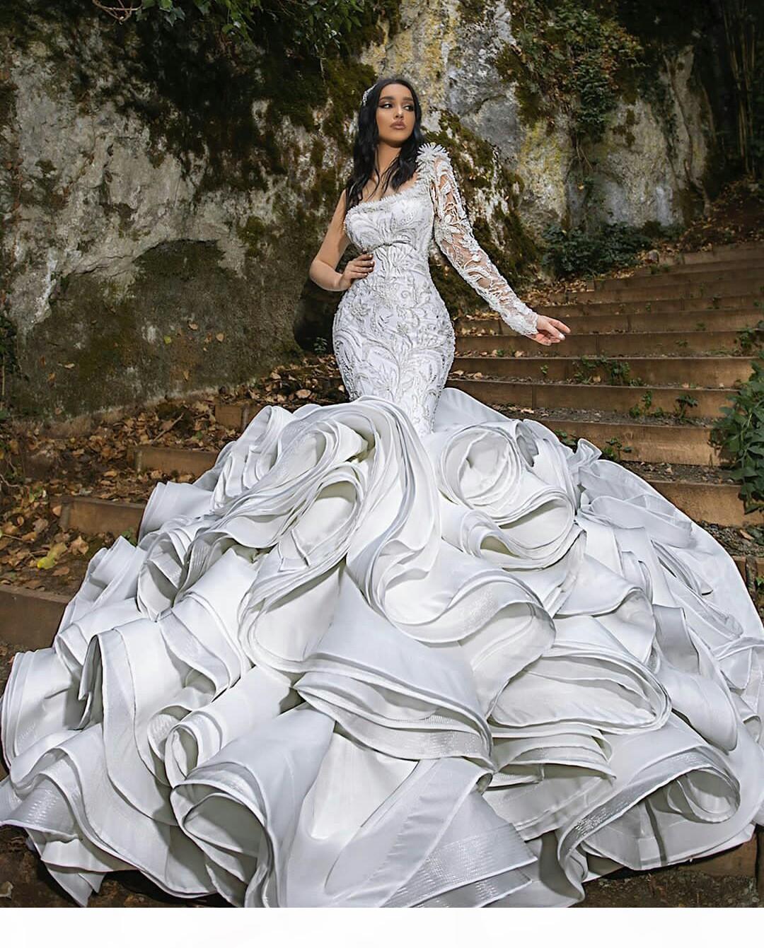 

2021 Elegant Wedding Dresses One Shoulder Long Sleeve Mermaid Bridal Gowns Custom Made Lace Appliques Beads Sweep Train Wedding Dress, Champagne