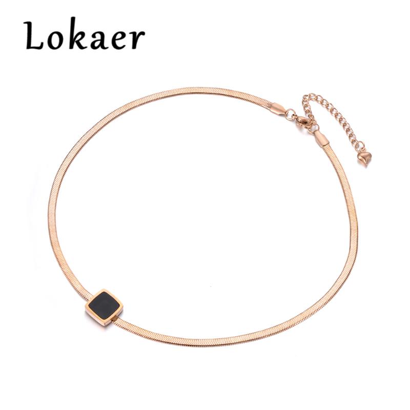 

Chokers Lokaer Arrival Sample Jewelry Stainless Steel Snake Chain Thin Necklace Rose Gold Color With Square Black Bbsidian N18067, Golden;silver