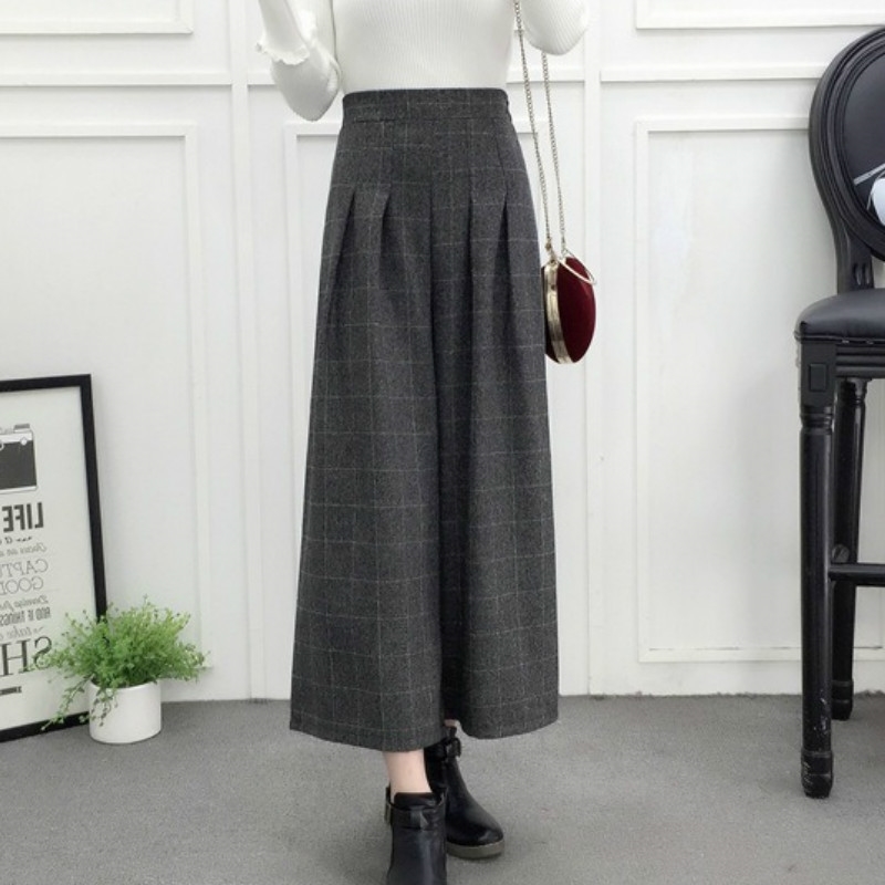 

Autumn Winter Woolen Plaid Pants Women Elastic High Waist Ankle-length Pant Plus Size Harajuku Wide Leg Trousers 210603, Black