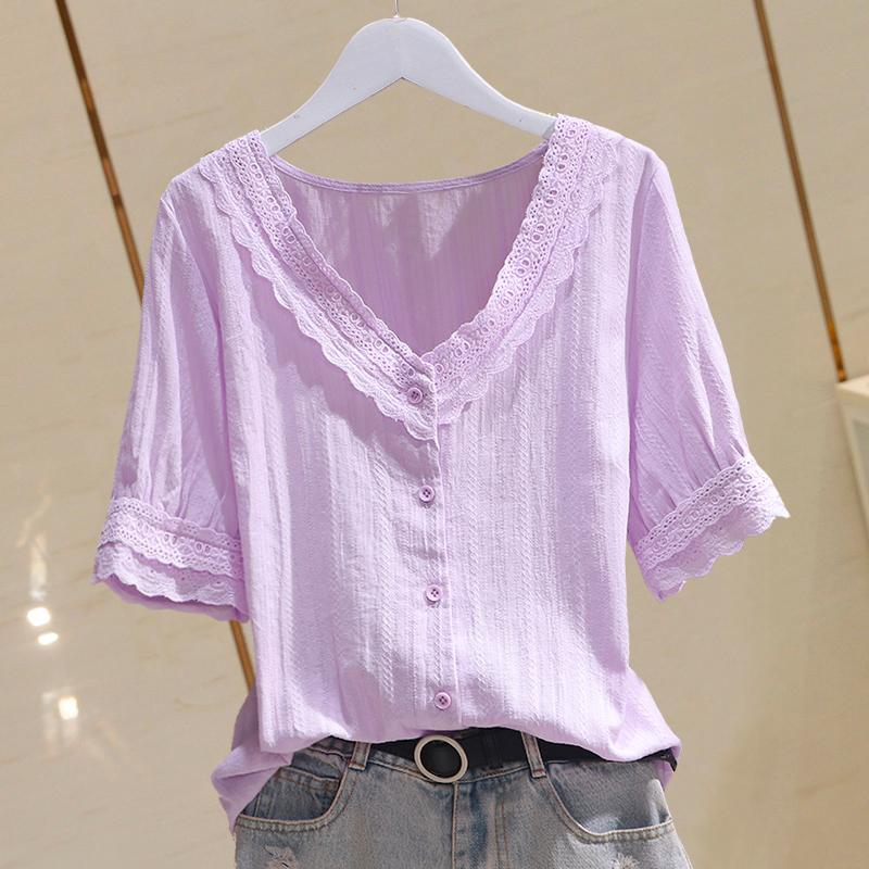 

Women's Blouses & Shirts Lace Cotton Patchwork Women Summer V-Neck Solid Short-Sleeved Slim Casual All Match Female Outwear Tops, White