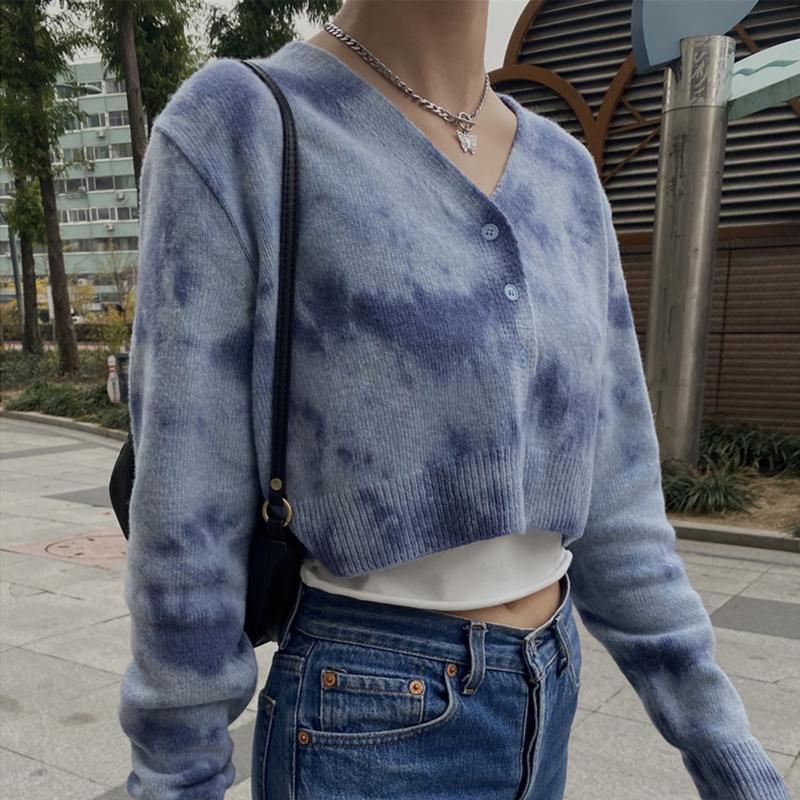 

Women's Knits & Tees Autumn Winter Short High Waist Solid Color Sweater Women Single-Tie Dye Knit Cardigan Small Sweter Jacket Top Femme, White