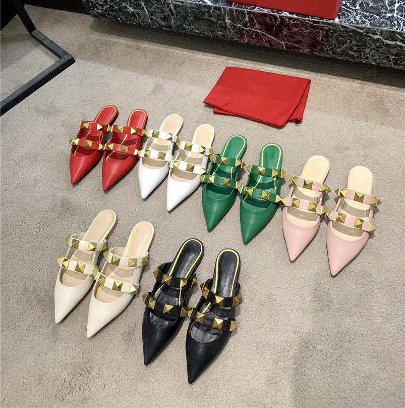 

Fashion Women Flat Sandals Designer Pointed Toe Cover Big Willow Nail Casual Metal Golden Rivets Genuine Leather Sole Sootheze Slipper Classic Shoe, Box