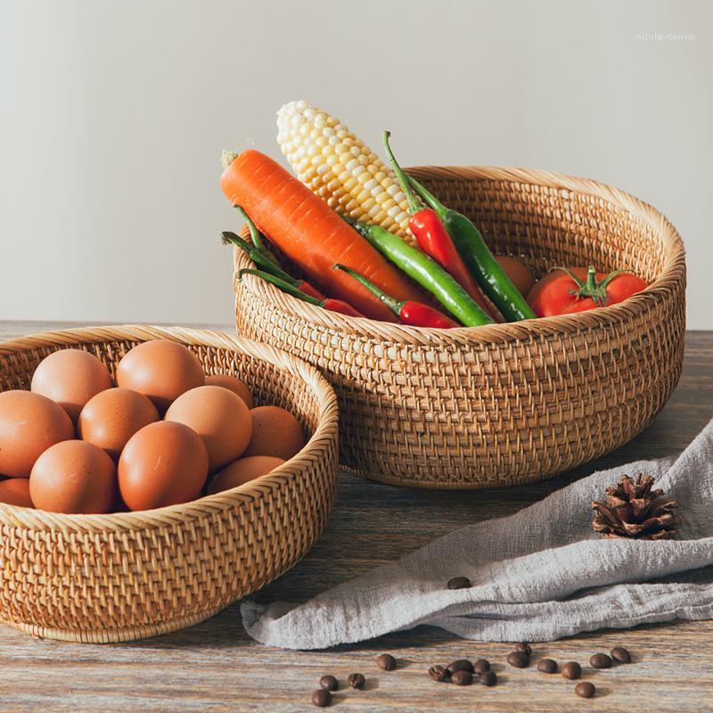 

Storage Baskets Woven Rattan Basket Snack Fruit Food Handmade Picnic Tray Bread Plate Dishes Multifunction Household Decoration