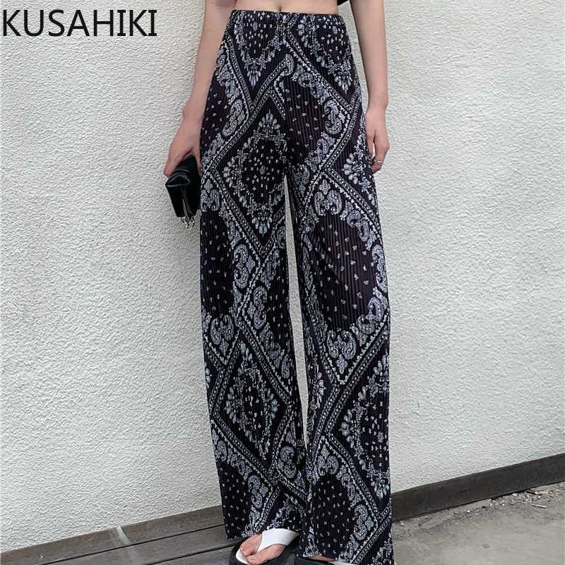 

KUSAHIKI Vintage Fashion Printing Woman Pants Summer High Waisted Long Trousers Wide Leg Pants Pantalones Mujer 6H554 210602, Black