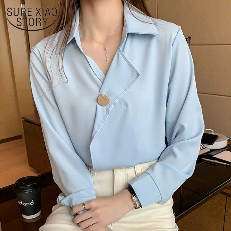 

White Tops and Blouses Chic Woman Shirt V-neck Chiffon Blouse Autumn Long Sleeve Cardigan Chemisier Korean Clothes 10684 210527, Blue