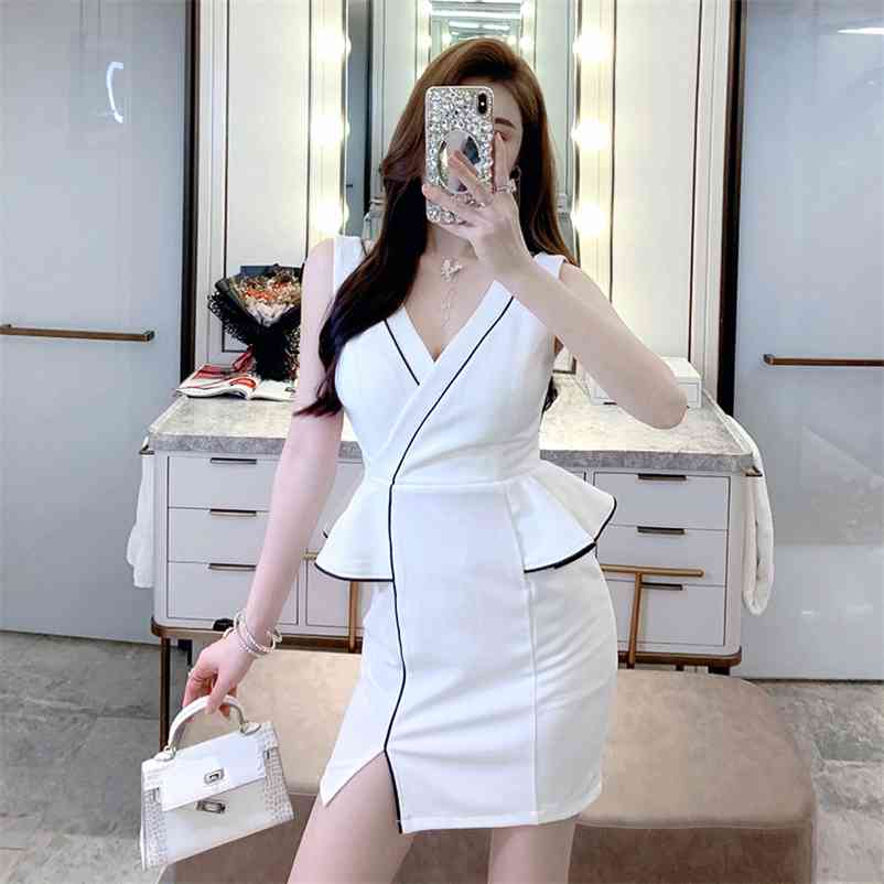 

sexy nightclub dress with V-neck buttocks Office Lady Sleeveless Knee-Length Polyester Sheath Solid 210603, Black