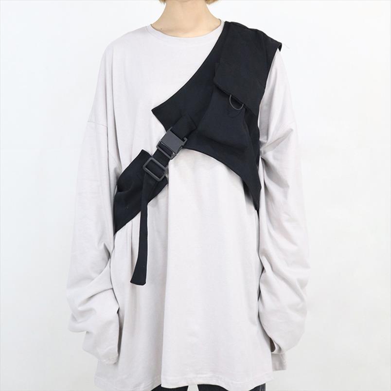 

harajuku rock one shoulder buckle cool vest for men women streetwear tactical light detachable accessory black