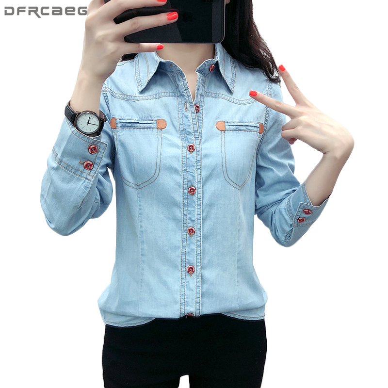 

2021 Autumn Casual Camisa Jeans Feminina Long Sleeve Denim Shirts Women Plus Size Blouse Button Pocket Chemise Femme Ladies Tops, Blue