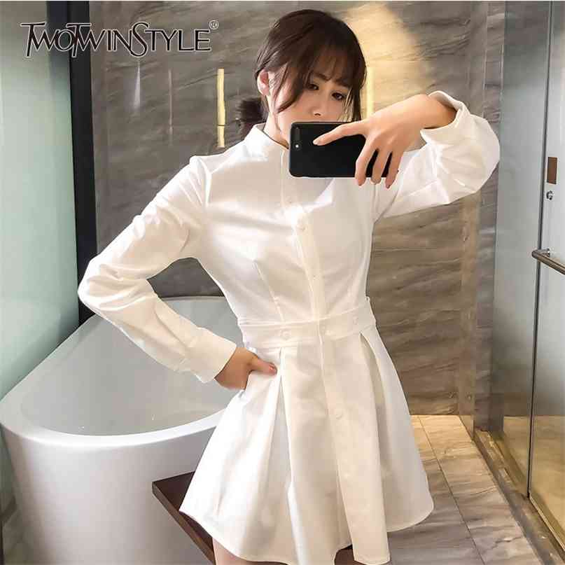 

Autumn Ruffles Dresses For Women Stand Collar Long Sleeve High Waist White Mini Dress Female Fashion Clothing 210520, White dress