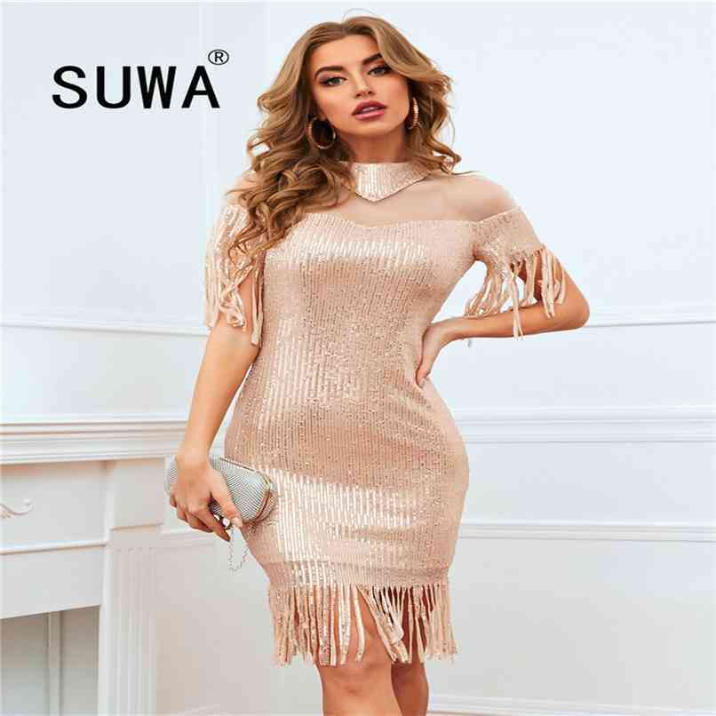 

Women Dress Summer Wholesale Clothing Sequins Tassel Patchwork Slash Neck Short Sleeve Evening Party And Wedding Gowns 210525, Khaki