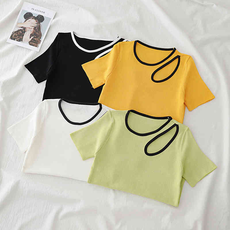 

Women T-shirts Knitting Tees With Hole O-Neck Solid Chic Design Short Sleeve Skinny Summer T 210518, Black