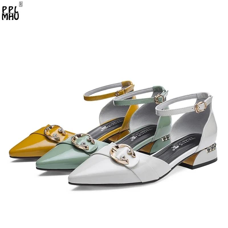 

Sexy Spring Pointed Low-Heeled Office Shoes Elegant Rhinestone Classic Pu Leather Buckle Strap Cover Heel Sandals Women, Black