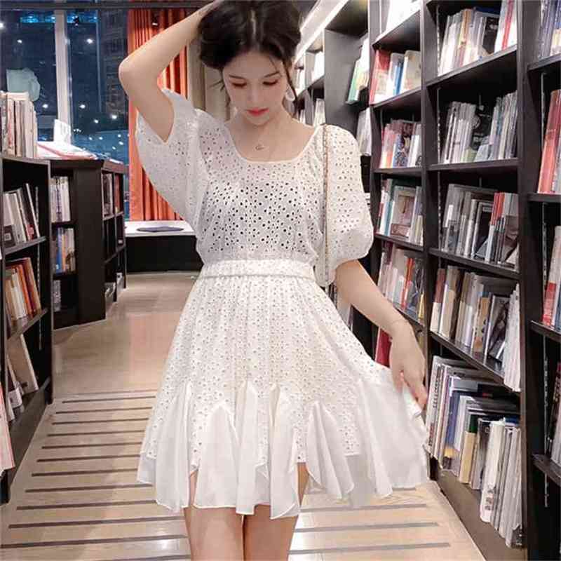 

Elegant Summer Women's Dress Fashion Round Neck Hollow Embroidered Puff Sleeve Chiffon Ruffles Mini Dresses 210519, White