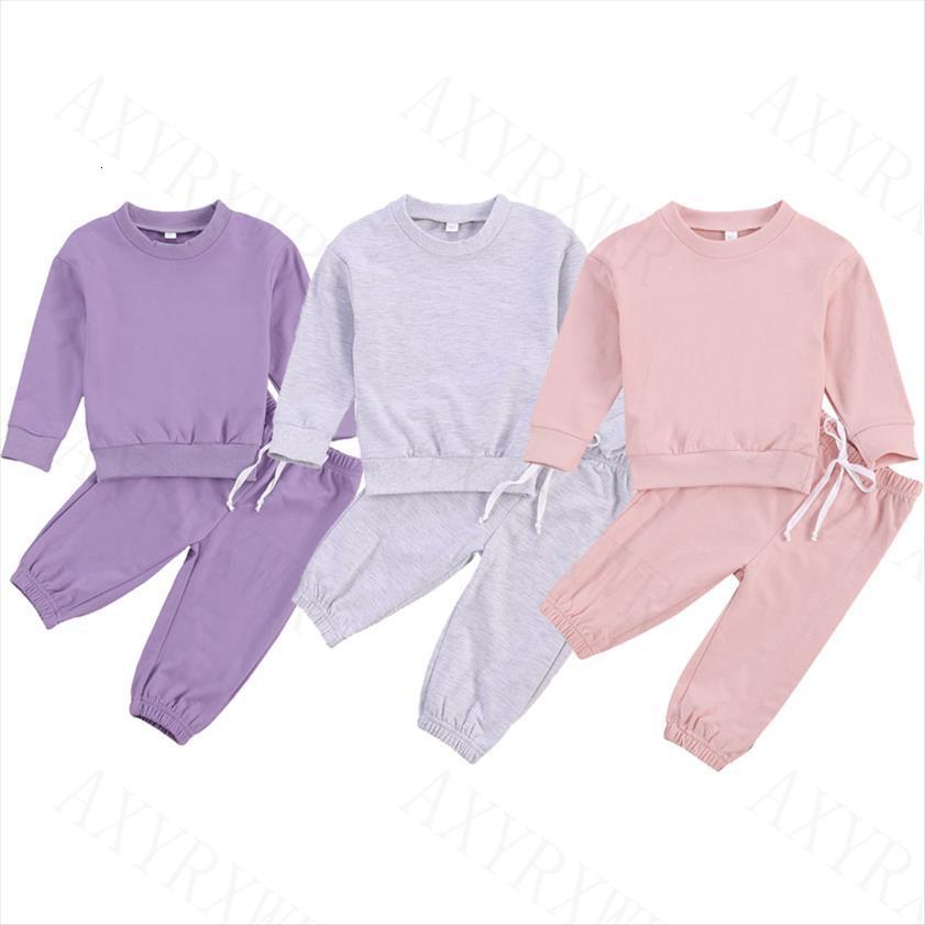 

children boys girls clothing sets autumn toddler kids solid color sweatshirt elastic pants tracksuit for suits, White