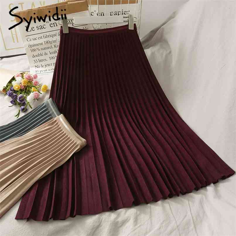 

Vintage Elastic High Waist Skirt Women Mid-Calf Casual A-Line Solid Black Spring Summer Korean Fashion Skirts 210607, Light blue