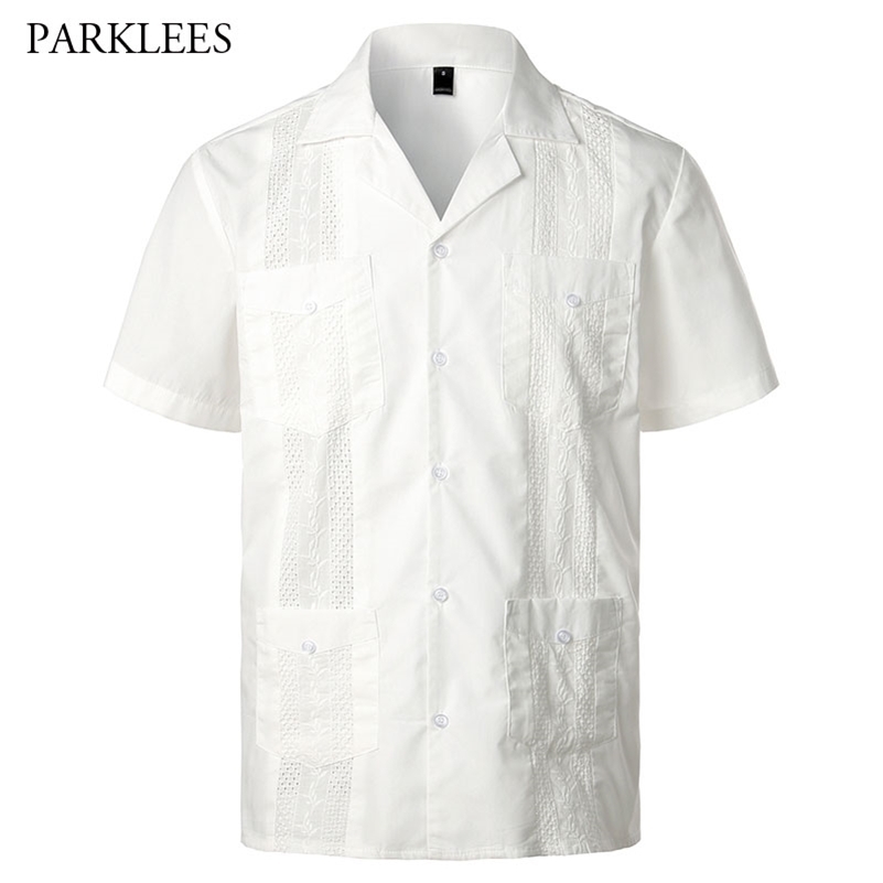 

Embroidery Floral Patchwork Shirts for Men Casual Multi-Pocket Mens Short Sleeve Shirt Cuban Camp Guayabera Ethnic Men Clothing 210524, Green