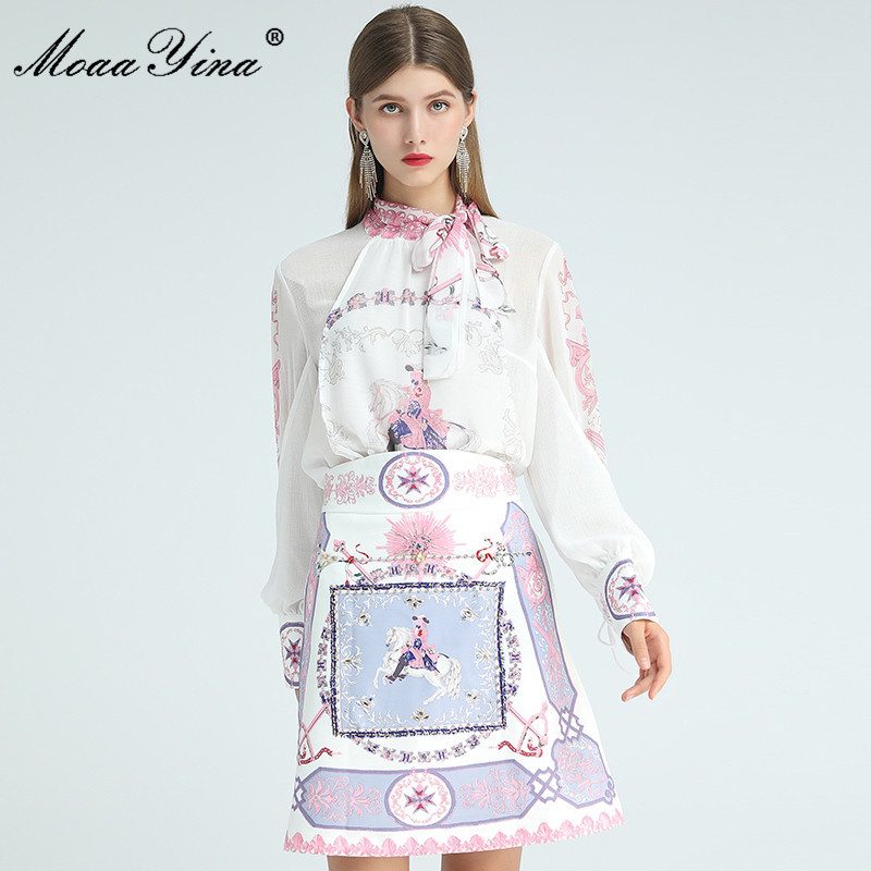 

Fashion Designer Set Autumn Women Long Sleeve Ribbons Print Tops+Beading Skirts Elegant Two-piece set 210524, White