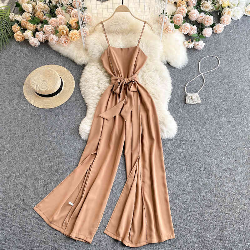

Women's Jumpsuits & Rompers Clothing 2021 Fashion Sleeveless Split Wide Leg Jumpsuit Solid Color Sexy Romper Overalls S559 2NOZ, Khaki