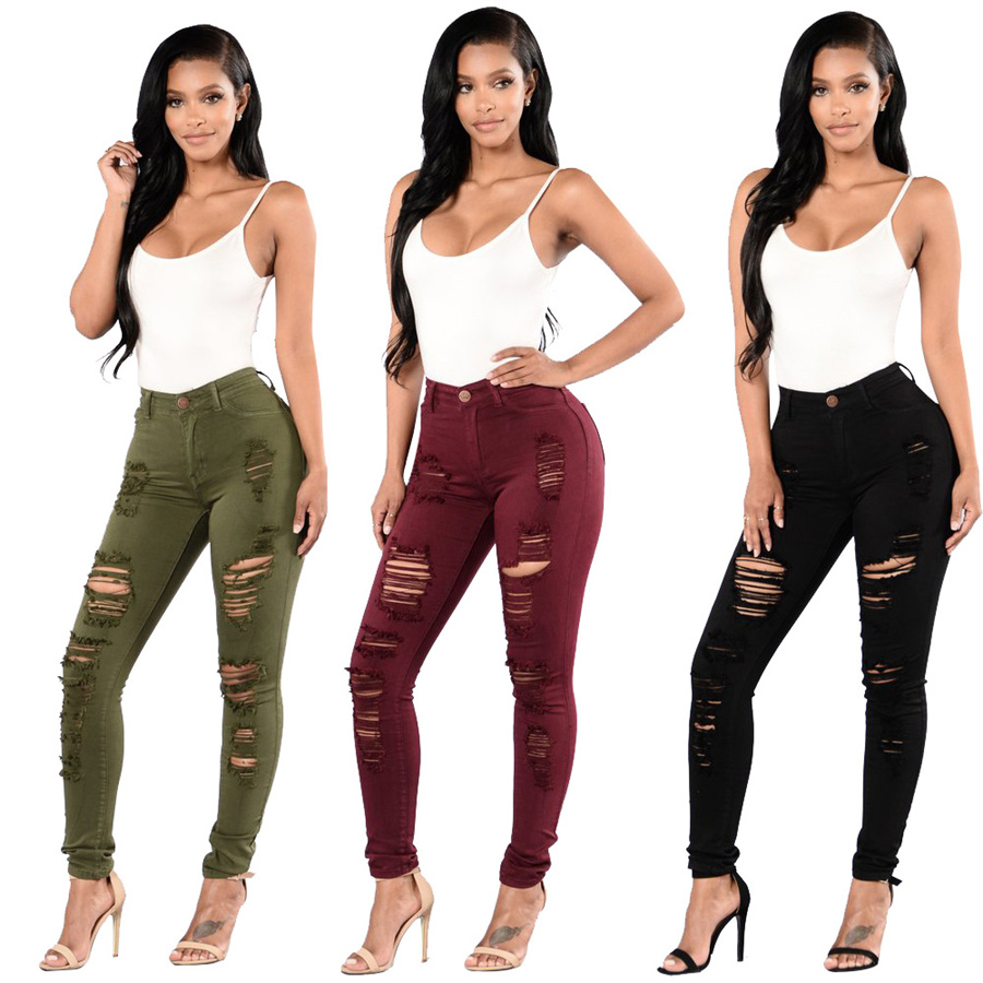 

Ladies Ripped Jeans Spring Summer Women Casual Streetwear Girls Middle Waistline Elastic Trousers Skinny Butt-lift Pencil Pants