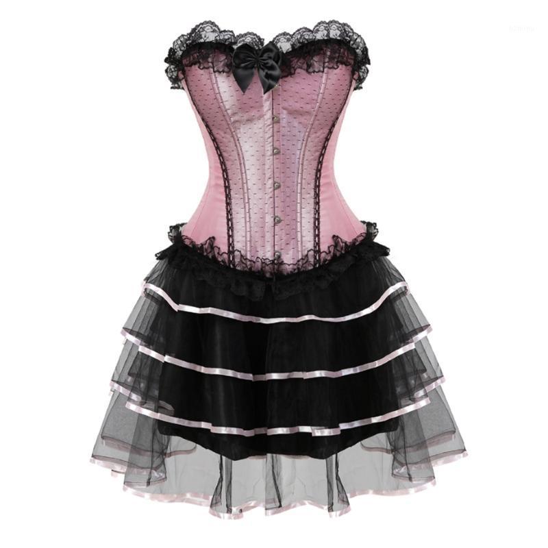 

Bustiers & Corsets Pink Satin Lace Trim Overbust Corset Dress Sexy And Tutu Skirt Set Plus Size