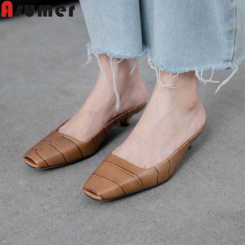 

Slippers ASUMER Big Size 34-43 Square Toe Shallow Genuine Leather Shoes Summers Med Heels Mules Women, Black