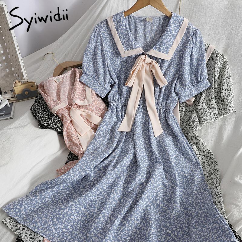 

Party Dresses Syiwidii Lace Up Bow Tie Collar Woman Dress Floral Print Elastic Waist Puff Sleeve 2021 Summer Light Boho Yellow, Black
