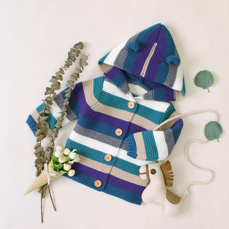 

Jackets Autumn Knitted Cardigan Boys Girls Sweet Style Mixed Color Stripe Long Sleeve Single-breasted Outwear Casual Hooded Top 3-24M, Blue;gray