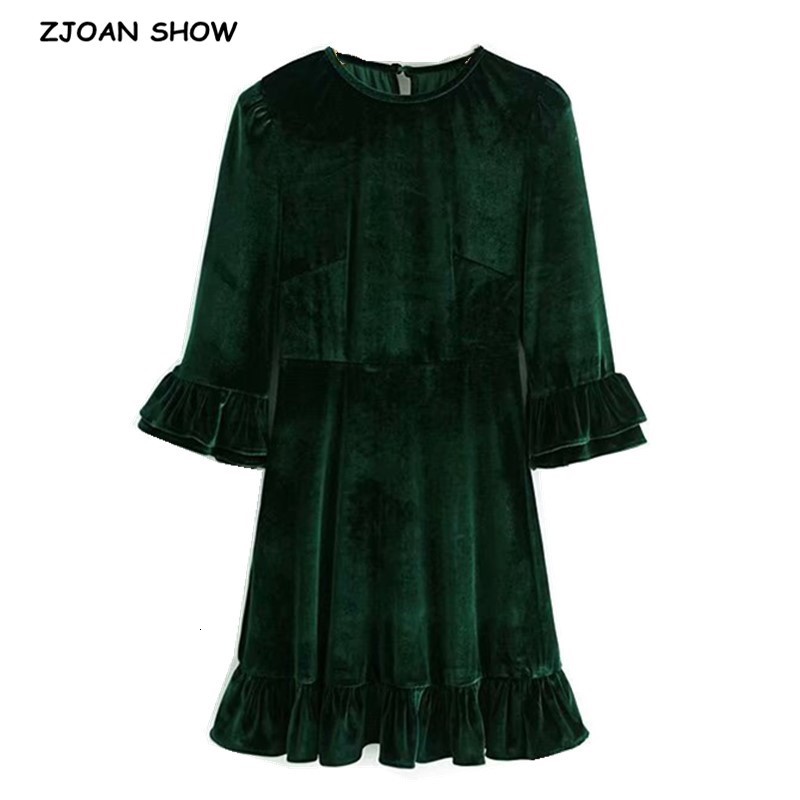 

Casual Dresses Elegant Fashion Ruffled Velvet Mini Dress Women Vintage Three Quarter Sleeve Ruffles Back Zipper Female Velour MPQ3, Green