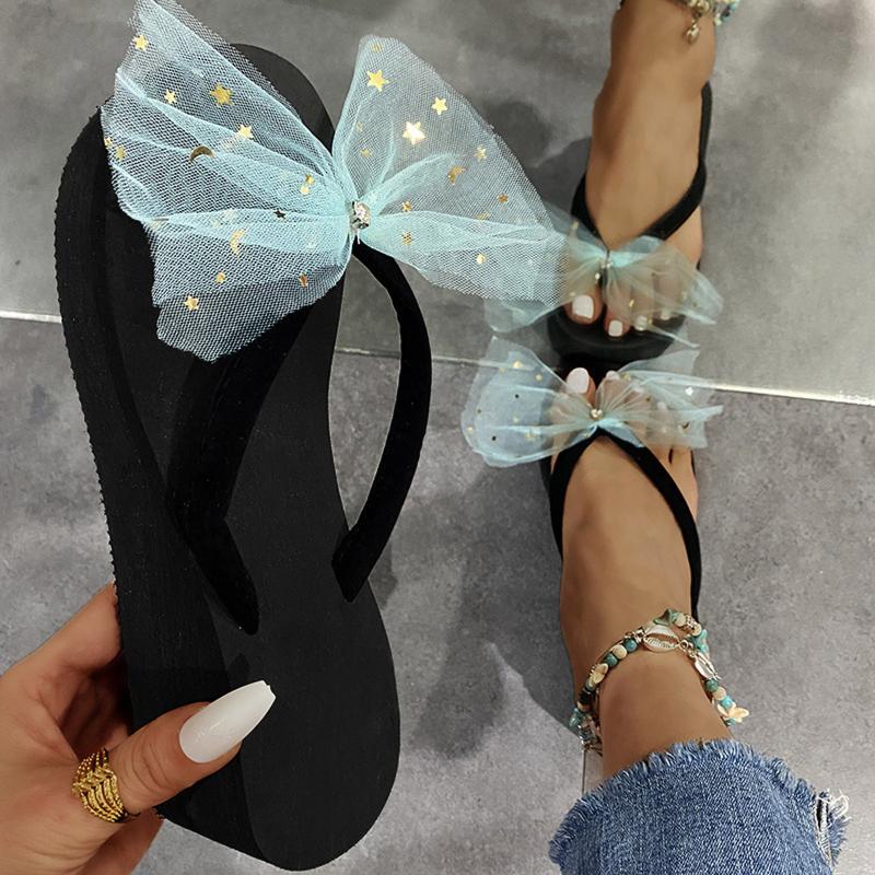 

Slippers Fashion Bow Women's Slip-on Thick-soled Non-slip Home Flip Flops Slope Heel Beach Holiday Sandals, Black