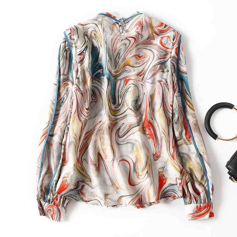

2021 Spring Long Sleeve Pullover Round Neck Paisley Print Natural Real Silk Soie Panelled Soie Blouse Elegant Casual Shirt Shirts 21M271909, White