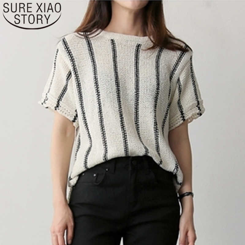 

Summer O-Neck Striped Women shirt Simple Slim-Fit Knitted Short Sleeve Blouse Women All-match Fashion Tops 8789 210527, Green