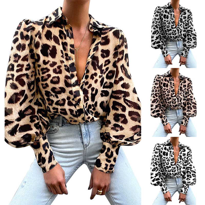 

Women' Blouses & Shirts Elegant Women Turn-down Collar Button Blouse Fashion Retro Leopard Printed Tops Ladies Chic Lantern Sleeve Blusa, 03 as picture