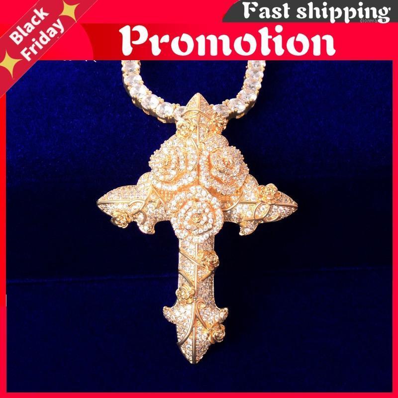 

Chains Religious Jesus Cross Flower Necklaces & Pendant With 4mm Tennis Chain Gold Color Bling Cubic Zircon Men's Hop Rokas Jewelry