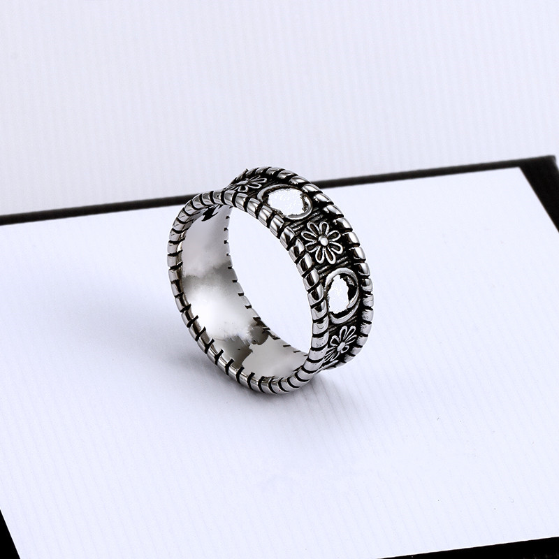 

Titanium steel hollow chrysanthemum double G band black silver rings for men and women Luxury classic couple wedding gift jewelry