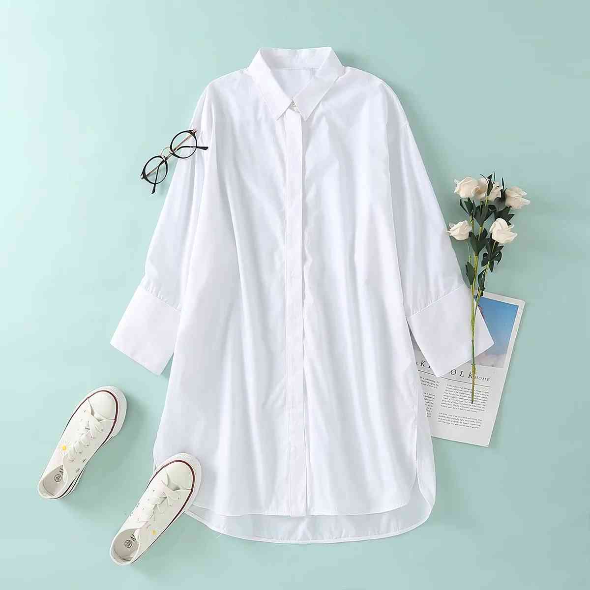 

Casual Thin White Single Breasted Women Shirt Summer Long Sleeve Simple Female Blouse Chic Tops For Office Lady Outwear 210521