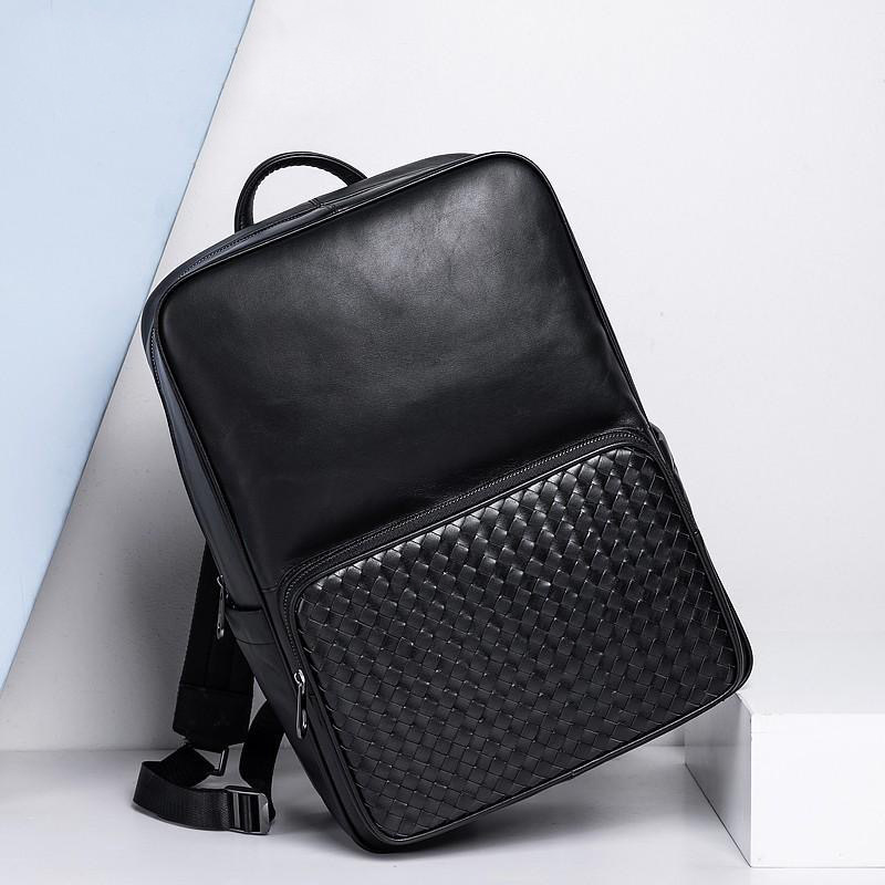 

Factory wholesale mens leather shoulder bags business hand-woven briefcase simple pocket decoration men backpacks outdoor leisure Knitting backpack student bag, Black1-4099