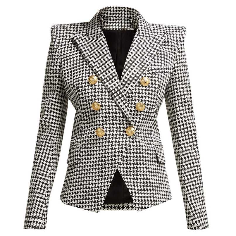 

HIGH QUALITY Fashion Designer Blazer Women's Long Sleeve Metal Lion Buttons Houndstooth Print Jacket 211019, Beige