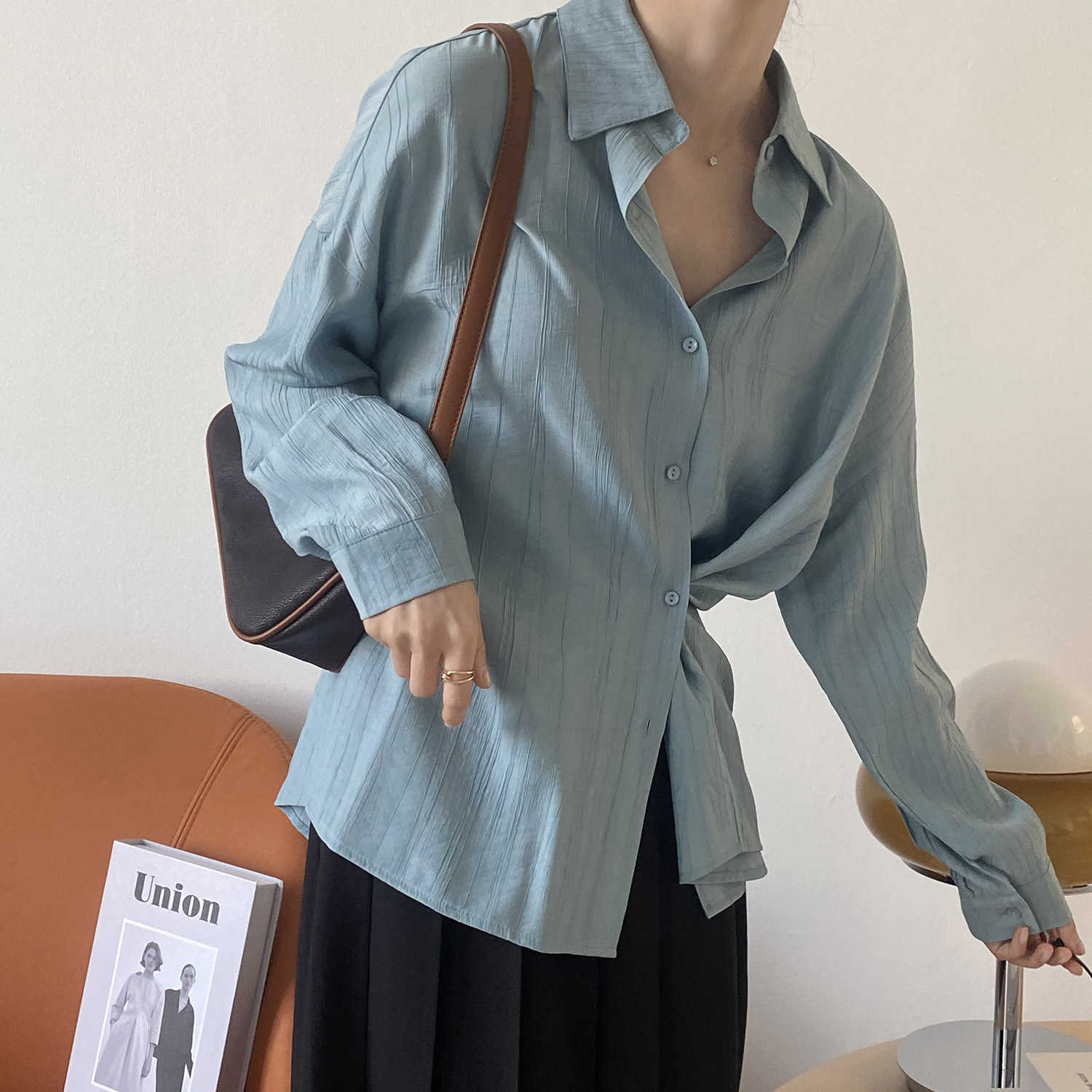 

Irregular Pleated Long-sleeved Shirt Women's Spring Solid Turn-down Collar Vintage Long Sleeve Top and Blouse Female 210607, Cheese yellow