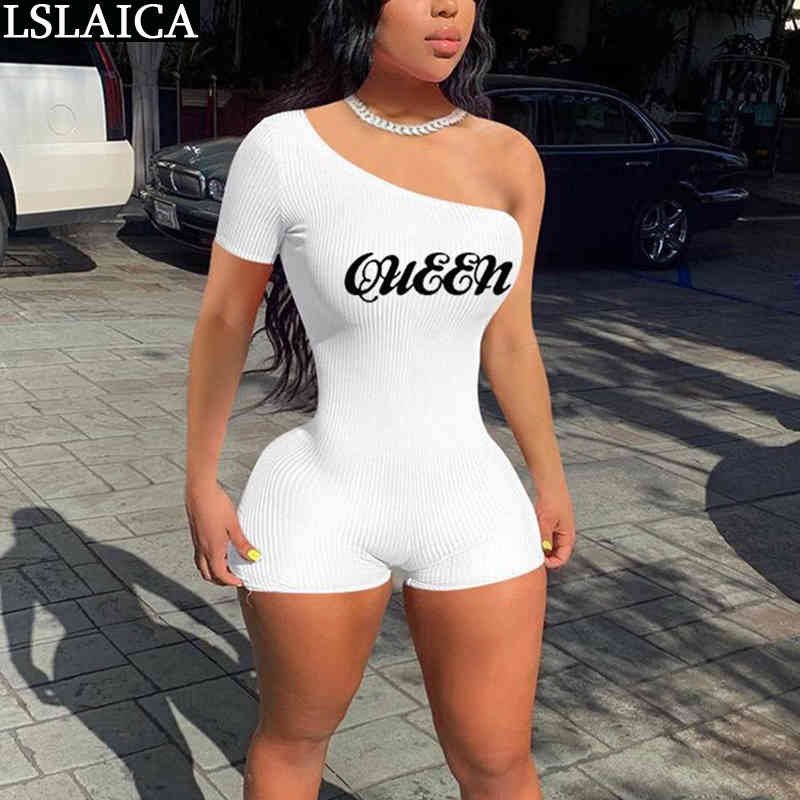 

Drop Elegant Woman Jumpsuits Solid Color Letter Print High Waist Short Sleeve Jumpsuit Summer Off Shoulder Romper 210520, Blue