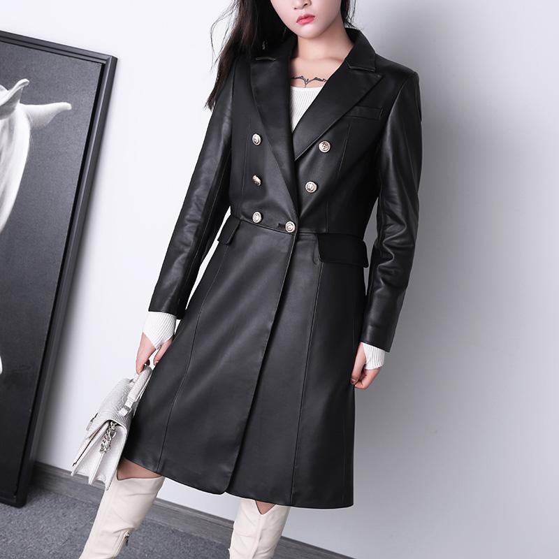 

Women's Leather & Faux Long Genuine Sheepskin Jacket Blazers Real Lambskin Trench Coat Sheep Bomber TF3754, Black